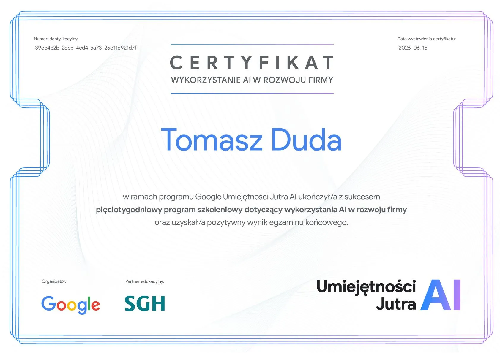 Oficjalny Certyfikat Google Umiejętności Jutra AI